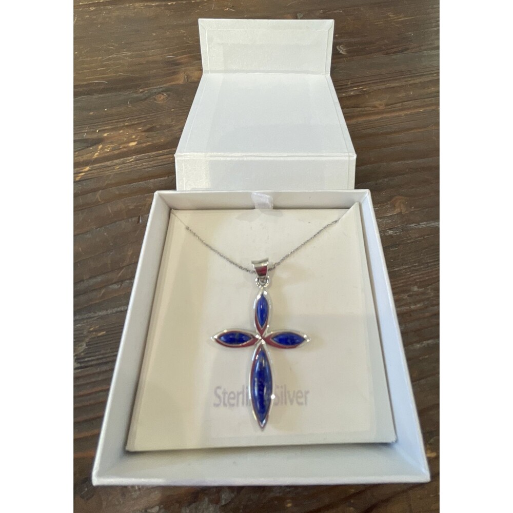 Sterling Silver Lapis Cross Necklace 18" New Fine Jewelry